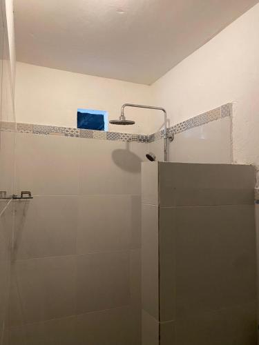 a bathroom with a shower with a blue box on a shelf at Adore guesthouse in Amed