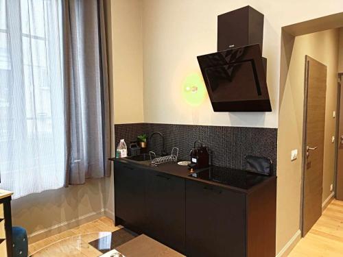 une cuisine avec un comptoir noir et un évier dans l'établissement le bardo, à Aix-les-Bains