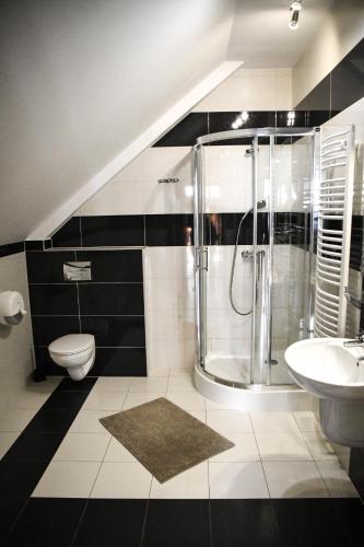 a bathroom with a shower and a toilet and a sink at Pensjonat Zdrojowy in Rabka-Zdrój