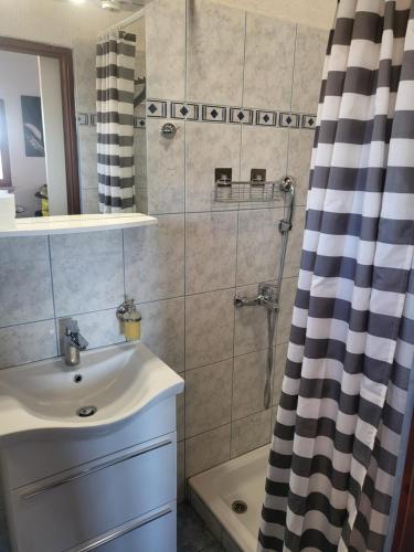 ein Badezimmer mit Waschbecken und Dusche in der Unterkunft Olive and Herb Retreat in Pula