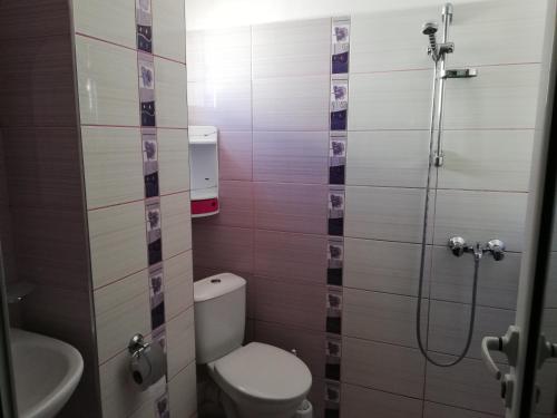 a bathroom with a toilet and a shower and a sink at Rooms Kristi in Nesebar