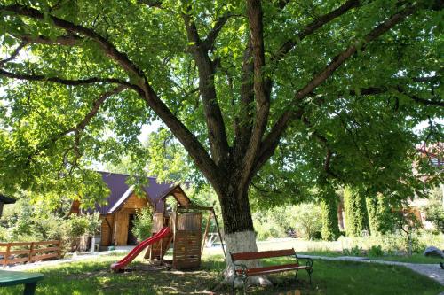 a park with a bench and a playground under a tree at Casa Stefandra in Breaza