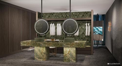 a bathroom with a vanity with two mirrors on the wall at Maxx Royal Bodrum in Bodrum City