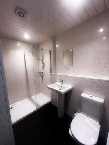 a bathroom with a toilet and a shower and a sink at Park Hotel in Falkirk