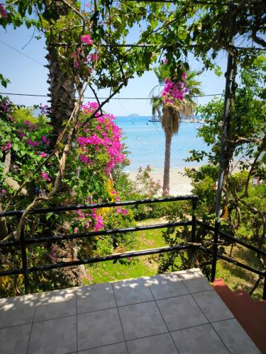 a view of the beach from a fence with flowers at Aggelika Apartments in Lithakia