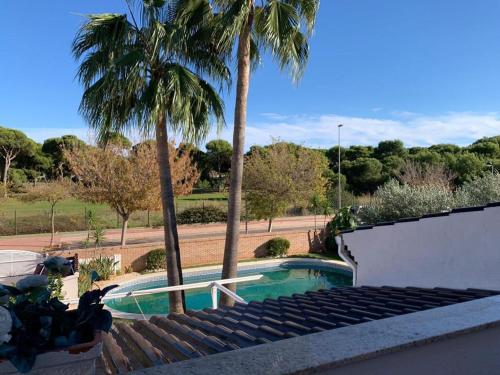 una piscina con palme accanto a un edificio di Luxury Tropical Villa in Grao Benicassim a Grao de Castellón