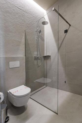 a bathroom with a toilet and a glass shower at Castel Mimi Wine Resort in Bulboaca