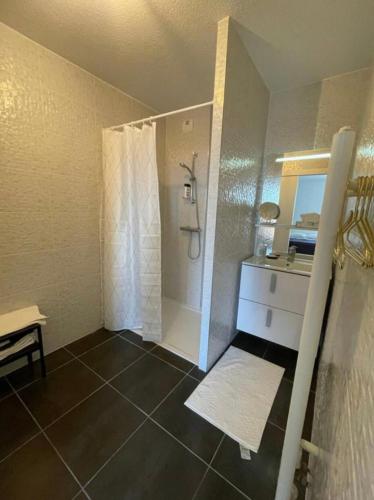 une salle de bain avec douche et lavabo dans l'établissement Bel appart' de 47m2 au coeur de Bordeaux, à Bordeaux