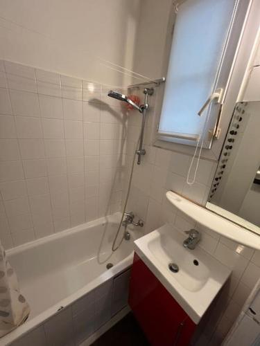 une salle de bain avec un lavabo, une baignoire et une douche dans l'établissement Appartement central Paris, à Paris