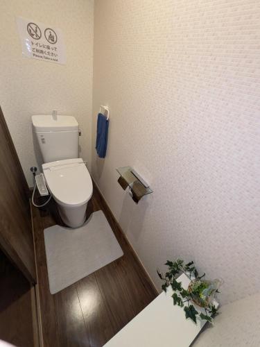 a small bathroom with a toilet and a blue towel at Villa Castle Ginza ヴィラ キャッスル 銀座 in Hikone