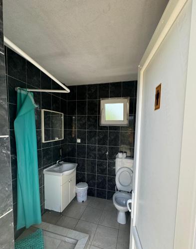 un baño con inodoro y lavabo en Autocamp LAKS, en Blagaj