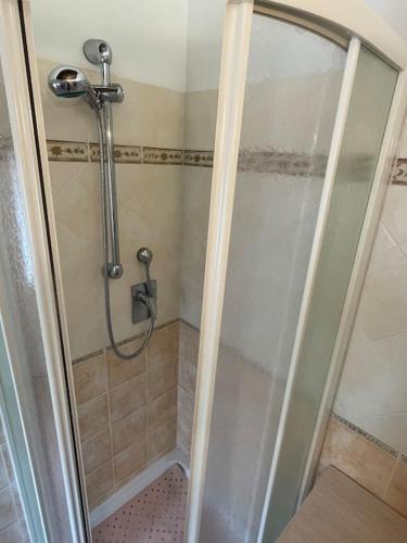 a shower with a glass door in a bathroom at Casa in montagna per vacanze in tranquillità in Fagge