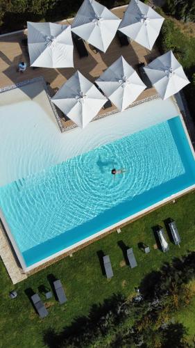 an overhead view of a pool with white umbrellas at RELAIS COLLE BUONO in Alvito