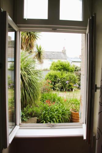 a window with a view of a garden at L'Appartement du port, vue mer, jardin et parking in Roscoff