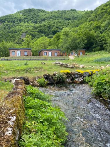 a stream with houses in the background in a field at Bungalovi izvor Plive 3 in Šipovo