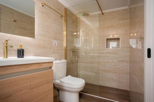a bathroom with a shower and a toilet and a sink at Kosmas Villas in Skala Kefalonias
