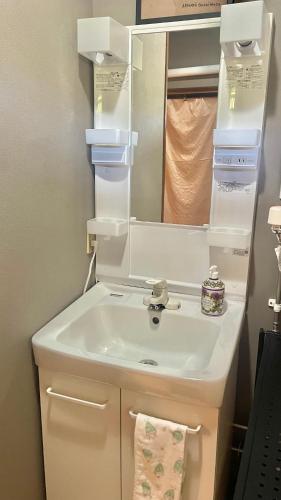 a bathroom with a sink and a mirror at Sound Garden Biei - Forest suite in Biei