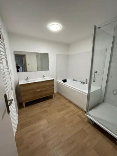 a bathroom with a tub and a sink and a shower at Appartement Le Romy Vue Montagne in Mont-Dore