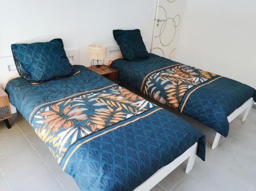 deux lits côte à côte dans une pièce dans l'établissement Au coeur du médoc, La p'tite maison de Charlotte, à Cissac-Médoc