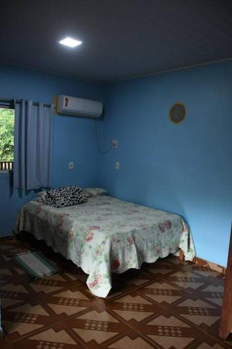 ItaquatiaraにあるSitio completo no rio aneba com quiosque e praiaの青い壁のベッドルーム1室