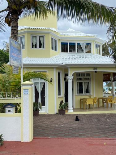 a yellow house with a black cat sitting in front of it at Villa Bella Charming Beachfront Guesthouse in Blue Bay
