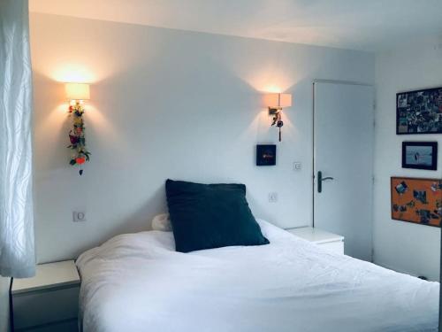 une chambre avec un lit avec un oreiller bleu dessus dans l'établissement Villa vacance Anglet avec piscine, 1km de la plage, à Anglet