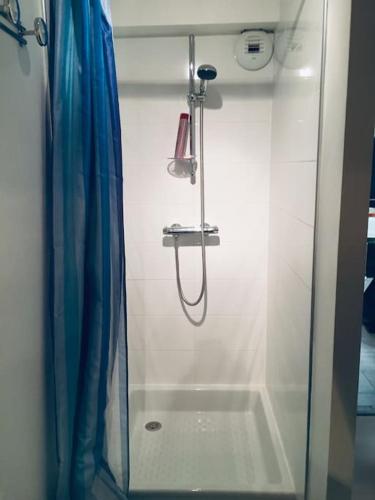 La salle de bains est pourvue d'une douche avec rideau de douche. dans l'établissement Villa vacance Anglet avec piscine, 1km de la plage, à Anglet