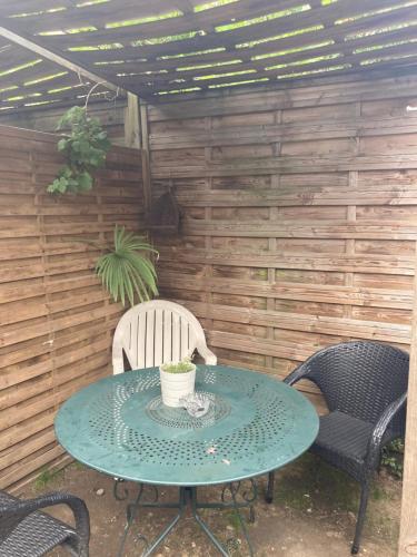 une table de patio avec deux chaises et une plante en pot dans l'établissement Studio avec jardin, à Montreuil