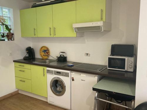 une cuisine avec des armoires vertes et une machine à laver dans l'établissement Studio avec jardin, à Montreuil
