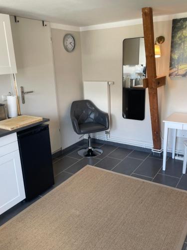 a room with a chair and a desk and a mirror at Ferienwohnungen Waldkauz in Kröppelshagen-Fahrendorf