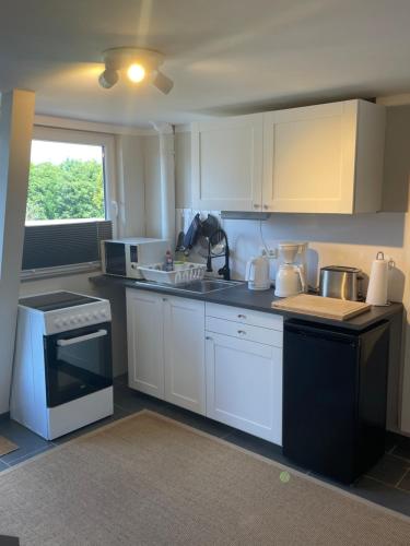 a kitchen with white cabinets and a stove top oven at Ferienwohnungen Waldkauz in Kröppelshagen-Fahrendorf
