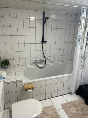 a bathroom with a tub and a toilet and a shower at Ferienwohnungen Waldkauz in Kröppelshagen-Fahrendorf