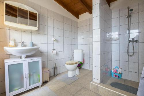 a bathroom with a toilet and a sink and a shower at Evaggelia's Summer Resort in Dhíkella