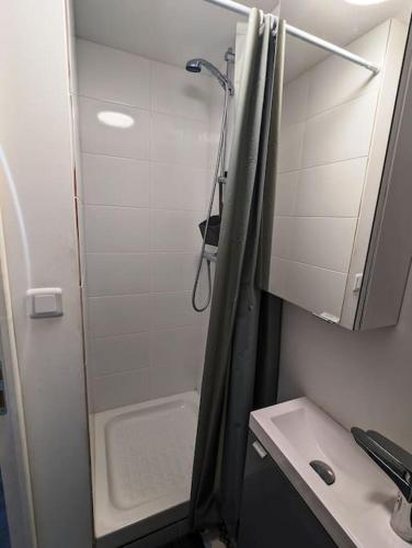 La petite salle de bains est pourvue d'une douche et d'un lavabo. dans l'établissement Studio calme - Proche Zénith, à Caen