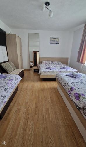 a bedroom with two beds and a wooden floor at Apartmani Proleće in Jošanička Banja