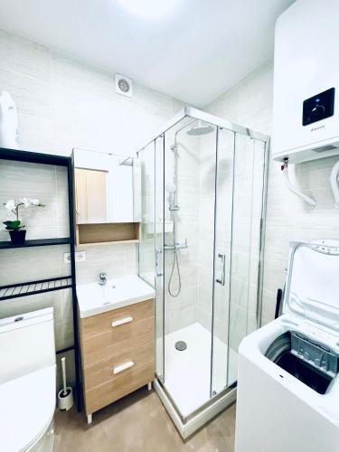 une salle de bain avec douche et lavabo dans l'établissement Studio - Au calme quartier Pleyel RER Ligne 14, à Saint-Denis