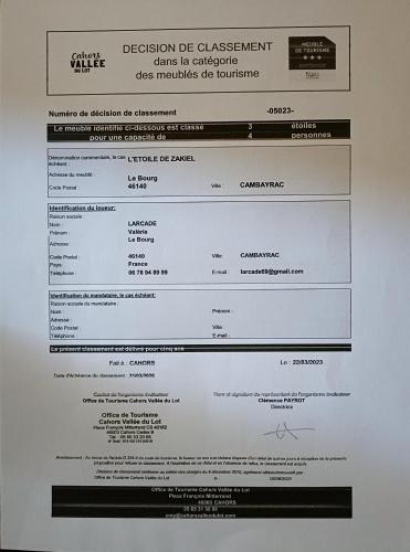 a piece of paper with a registration fee assessment document at L'étoile de Zakiel in Cambayrac