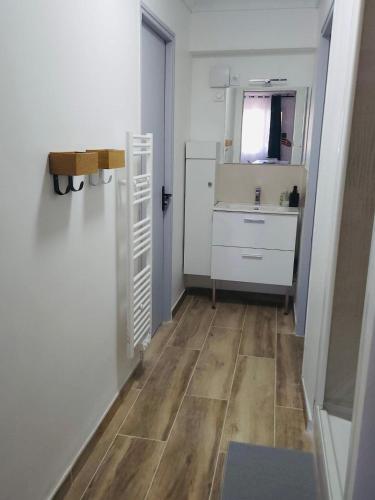 une petite salle de bain avec un lavabo et un miroir dans l'établissement appartement paisible pour 4 personnes, à Montpellier