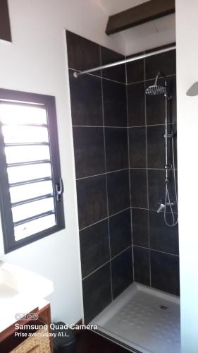 een badkamer met een zwart betegelde douche en een raam bij Le latanier bleu in La Saline les Bains