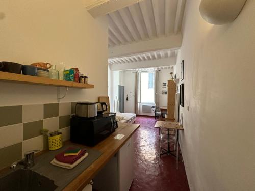 - une cuisine avec un comptoir dans une pièce dans l'établissement Chez Victor - Studio tout équipé - centre ville historique - Proche Mairie et Forum des Cardeurs, à Aix-en-Provence