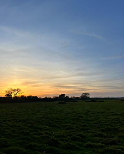 a field with the sunset in the background at Dune Delight in Camber