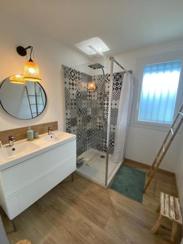 une salle de bain avec une douche, un lavabo et un miroir dans l'établissement Maison cosy Montory près d'Iraty 6 personnes, à Montory