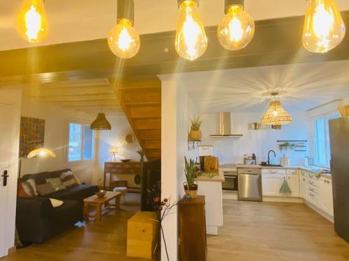 une cuisine et un salon avec des lumières dans l'établissement Maison cosy Montory près d'Iraty 6 personnes, à Montory