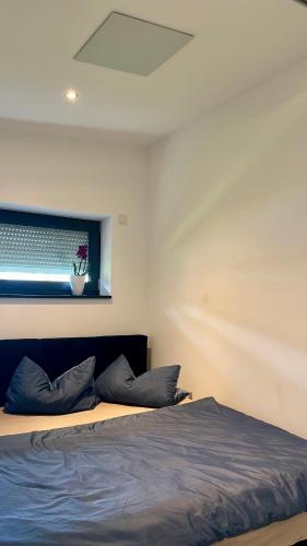 a bedroom with a bed and a window with a plant at Ferienwohnung an der Wildenburg in Kempfeld