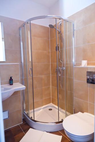 a bathroom with a shower with a toilet and a sink at Stern Hotel Hannover in Hannover