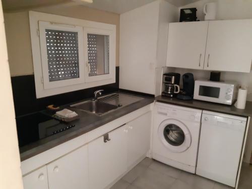 une cuisine avec un évier et une machine à laver dans l'établissement Appartement en rez de villa, à Saint-Raphaël