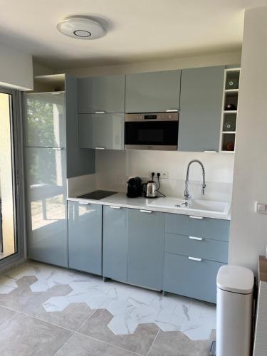 une cuisine avec des armoires bleues et un évier dans l'établissement Logement Cosy avec jardin, à Cabourg