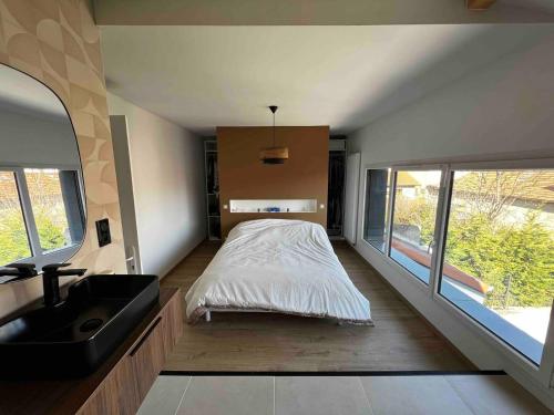 une chambre avec un lit et un lavabo dans l'établissement Agréable maison rénovée, en ville et au calme !, à Lyon