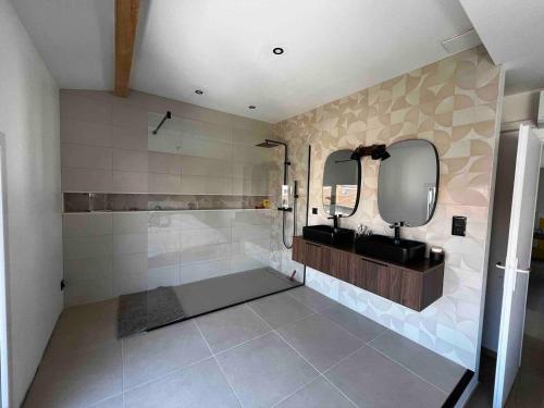 une salle de bain avec un lavabo et un miroir dans l'établissement Agréable maison rénovée, en ville et au calme !, à Lyon