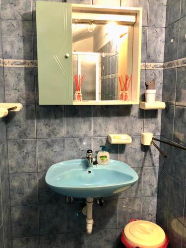 a bathroom with a blue sink and a toilet at Apartment Aida in Karlobag